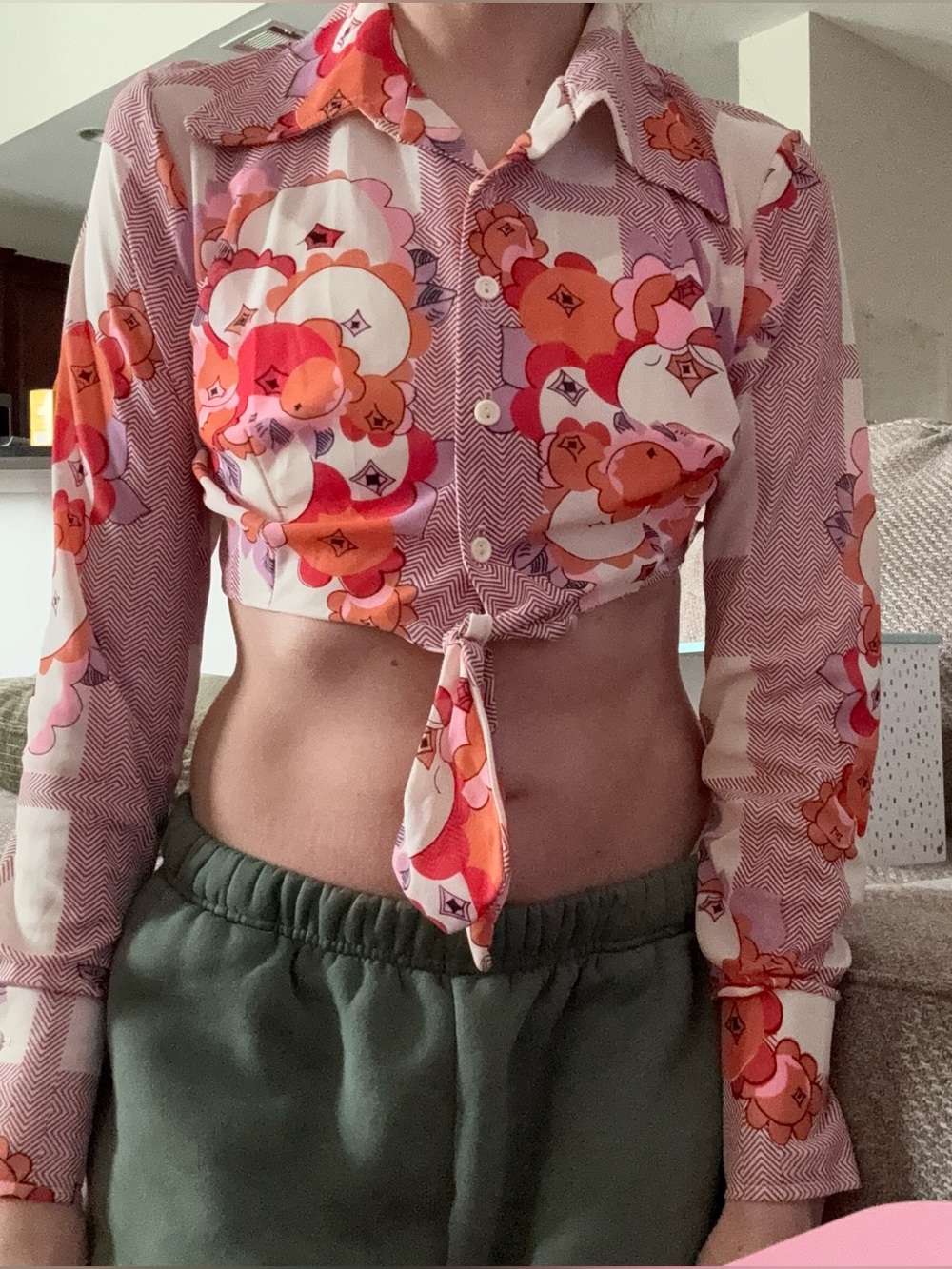Vintage 60s 70s Psychedelic Floral Tie Front Cropped Blouse